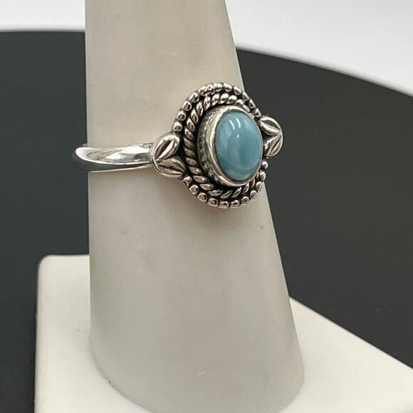 Natural Larimar Ring 925 Sterling Silver Handmade Oval Cabochon Gemstone Sz 8 - Picture 1 of 8